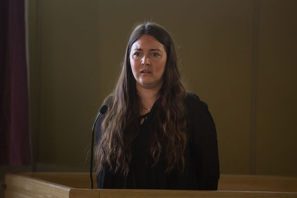 Stacey in the stand at Ruby Allen court case in EastEnders 