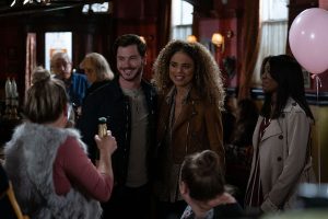 Gray throws a party for Chantelle to tell everyone their news (Credit: BBC)