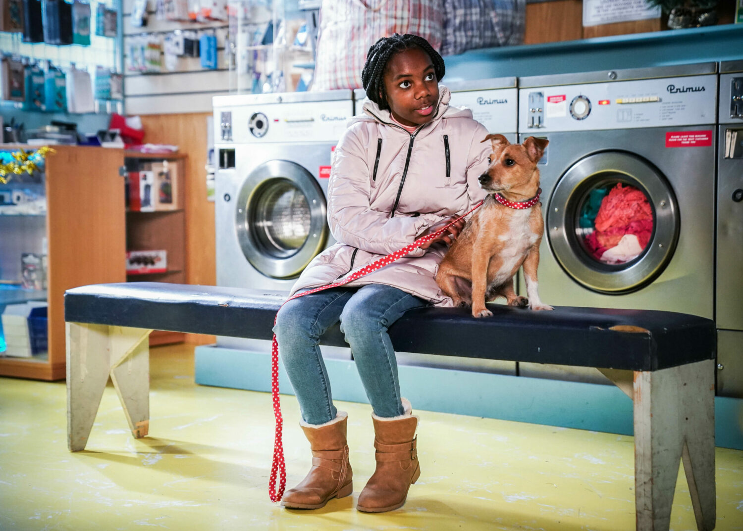 EastEnders Mon 3 Jan Mitch is annoyed when Bailey tells him he has to sleep on the sofa with the dog in the launderette