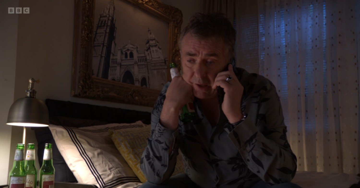 Alfie drunk on the phone in EastEnders tonight