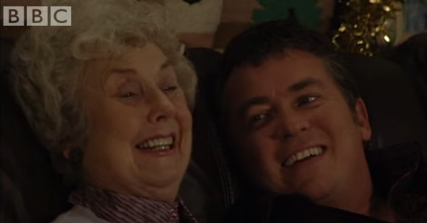 Alfie laughing and smiling with nana Moon on EastEnders