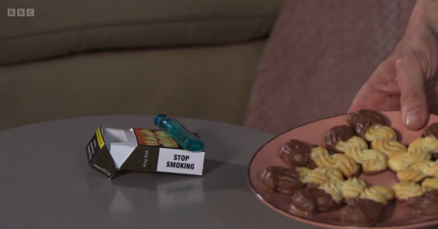 A packet of cigarettes on Lauren's table