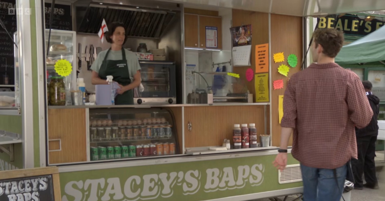 Peter and Eve chat at Stacey's Baps on EastEnders
