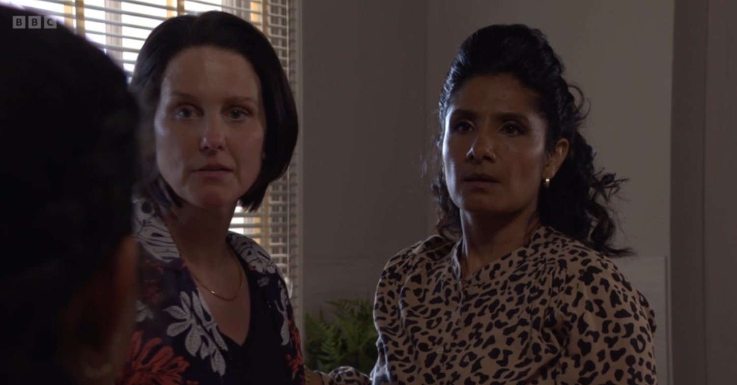 Eve and Suki look shocked on EastEnders tonight