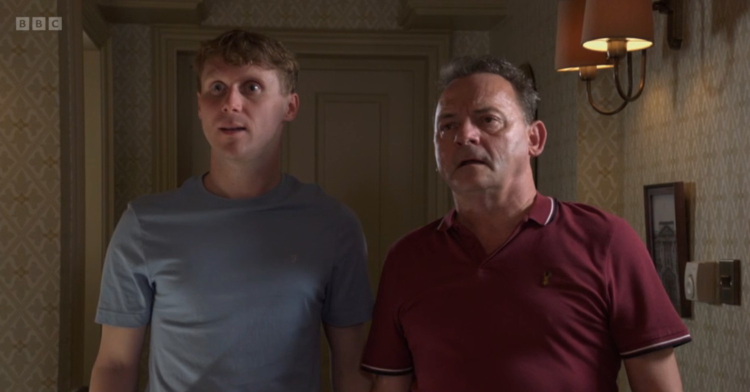 Jay and Billy look shocked in The Vic on EastEnders