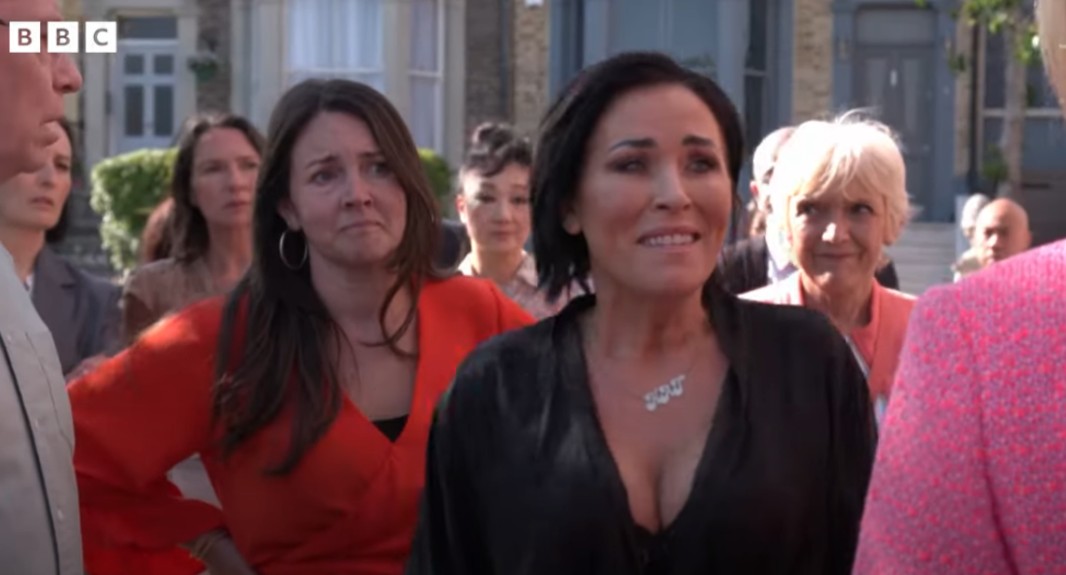Kat and Stacey look happy as they talk to Linda in the street on EastEnders