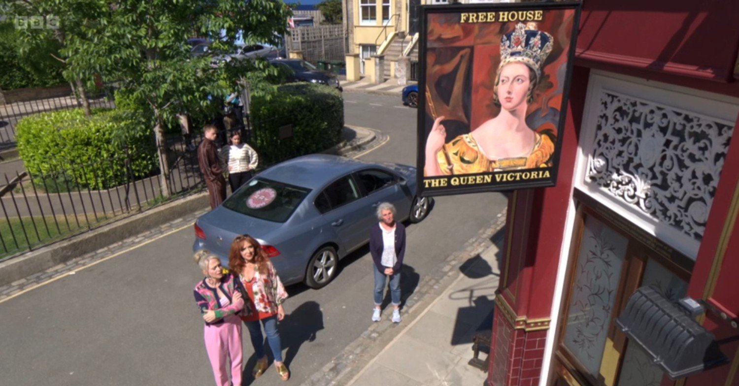 Linda, Elaine and Tracey look up at The Queen Vic on EastEnders