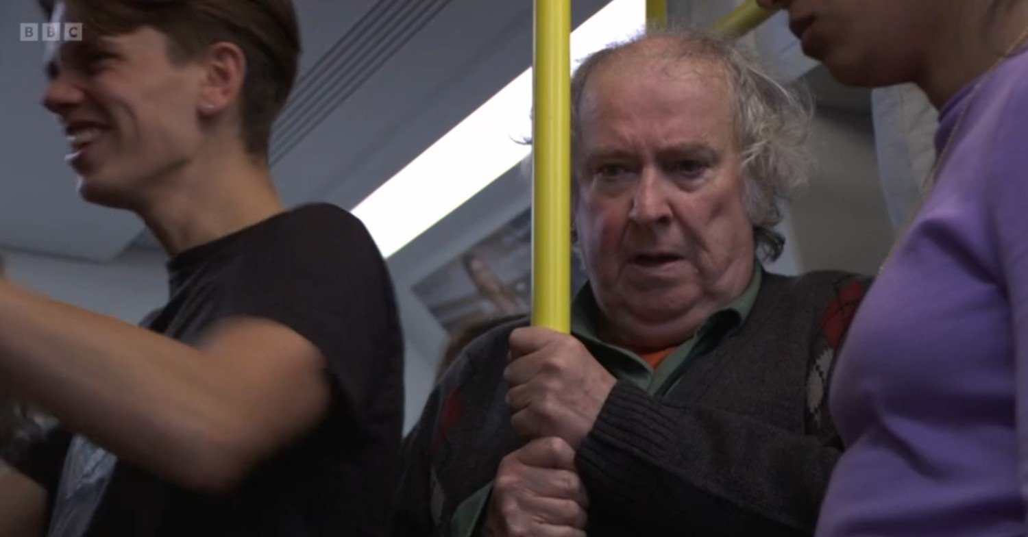 Nigel looks scared on the tube train