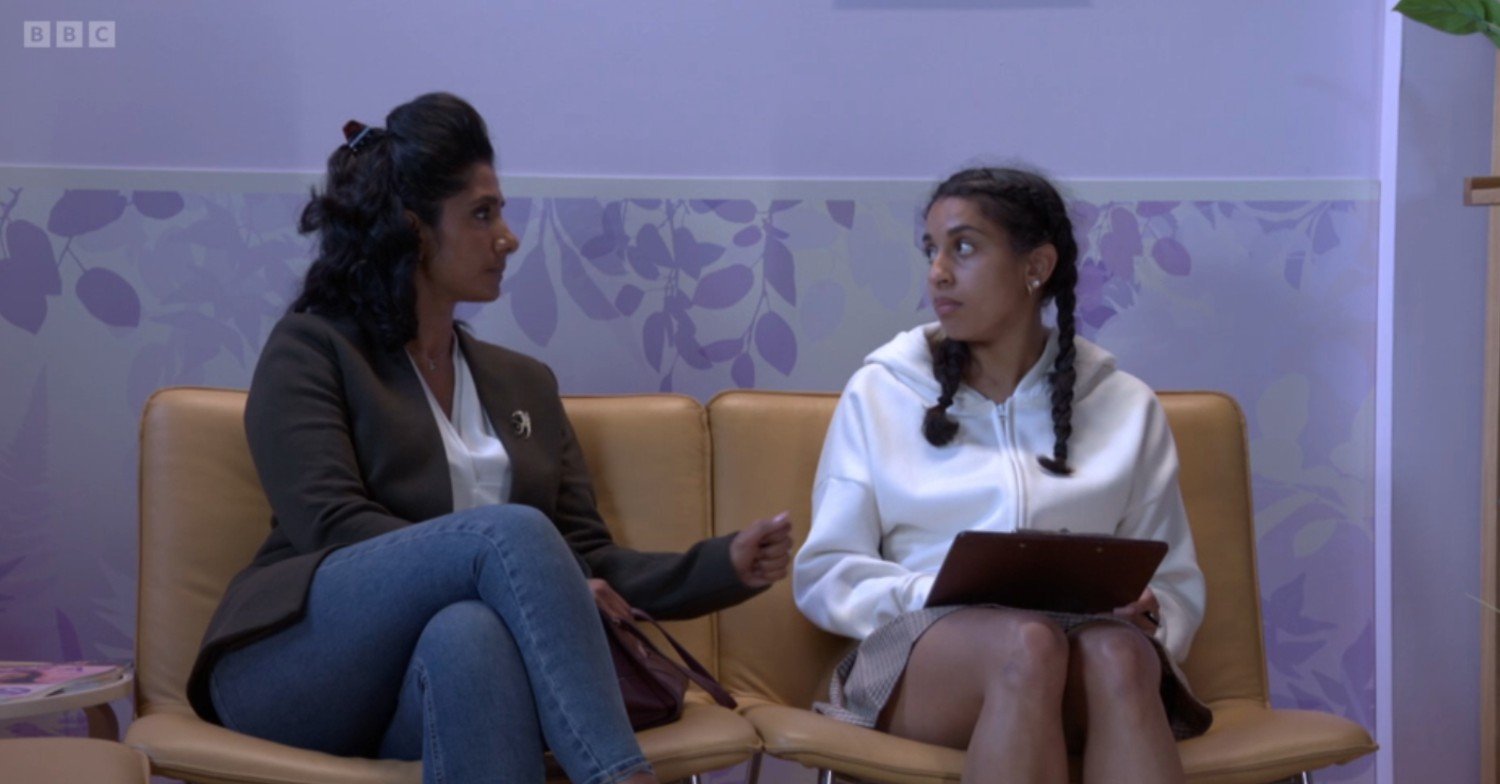 Suki and Avani chat in the abortion clinic on EastEnders tonight