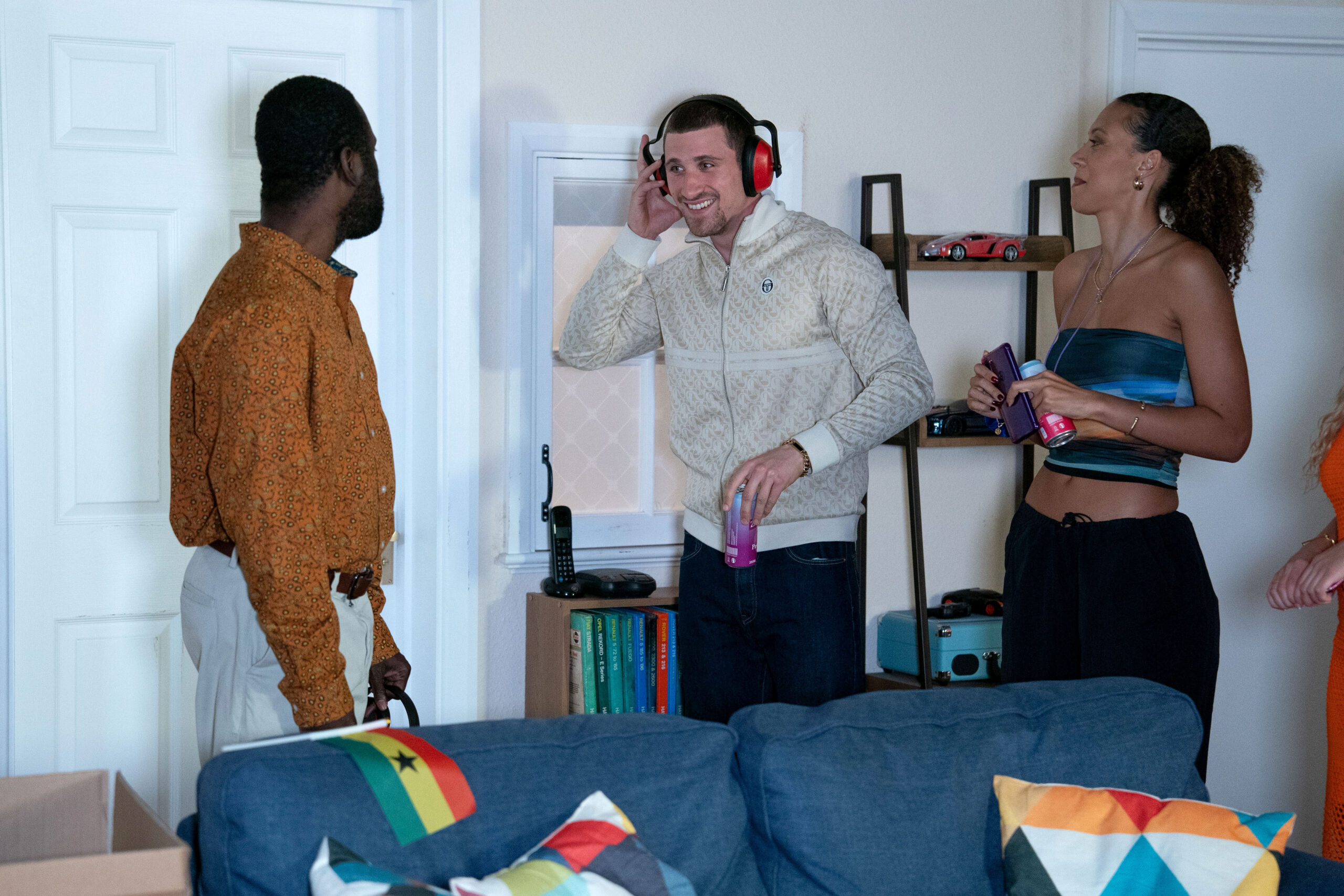 Kojo, Harry and Gina at the flat on EastEnders tonight