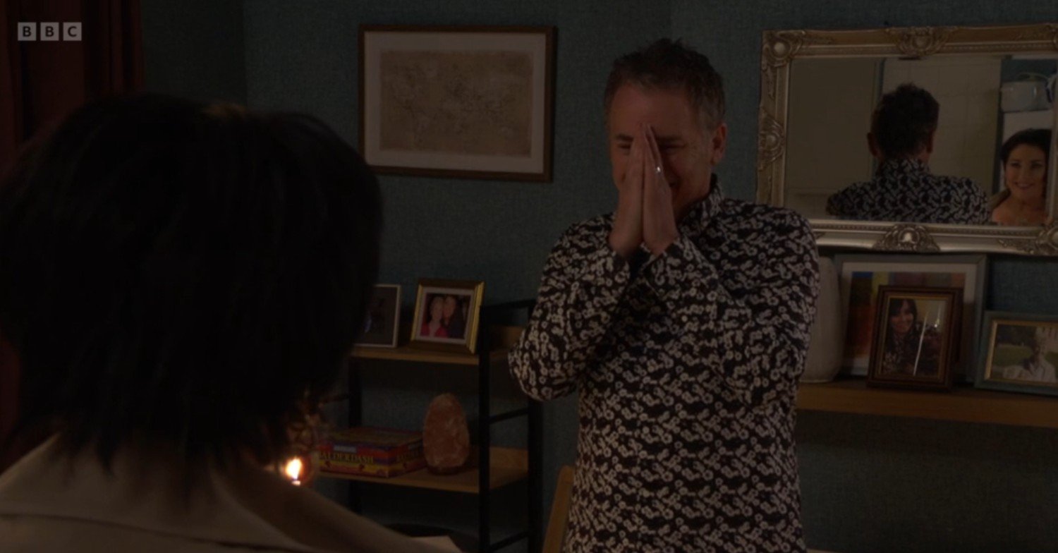 Alfie smiles as Kat surprises him on EastEnders
