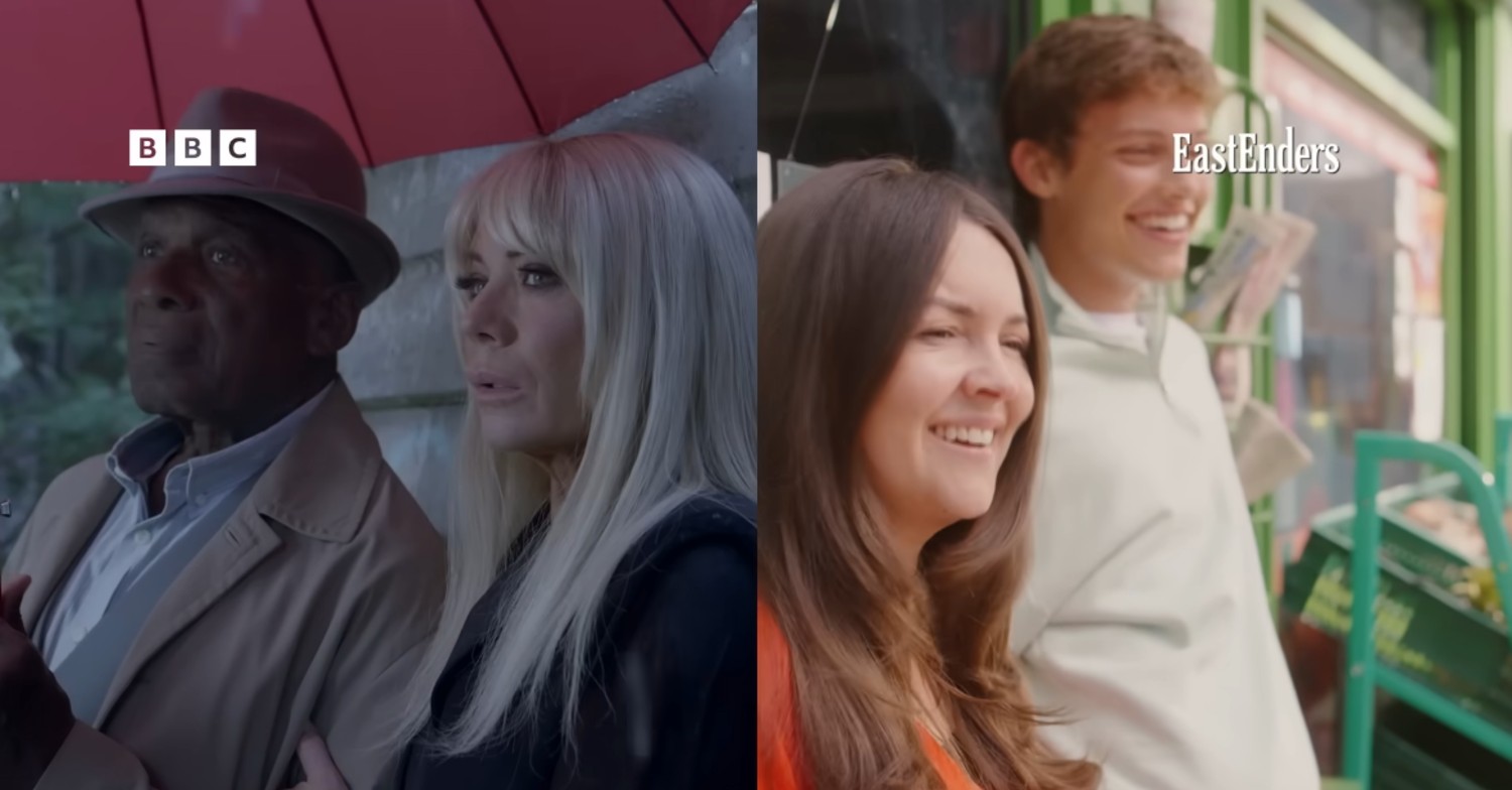 Image from EastEnders trailer depicting Patrick and Sharon standing in the rain while Stacey and Freddie smile in the son 
