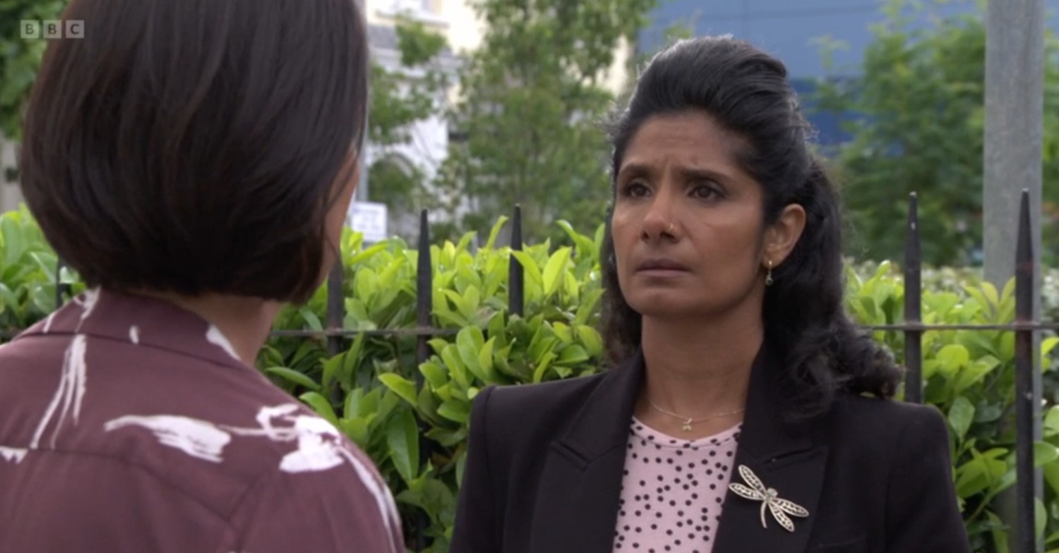 Suki looks upset as she talks to Eve on EastEnders