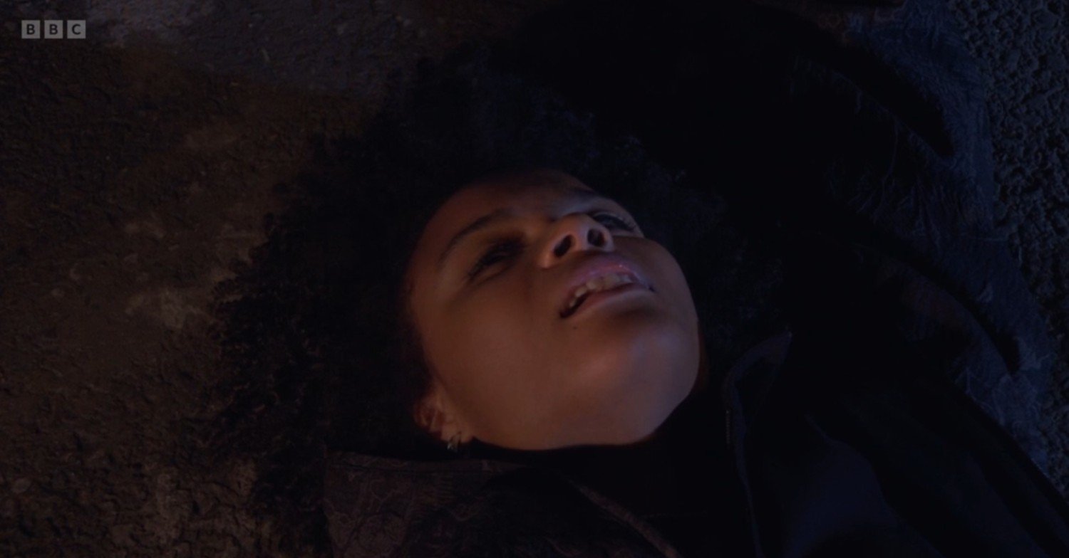 Jasmine injured on the ground in EastEnders