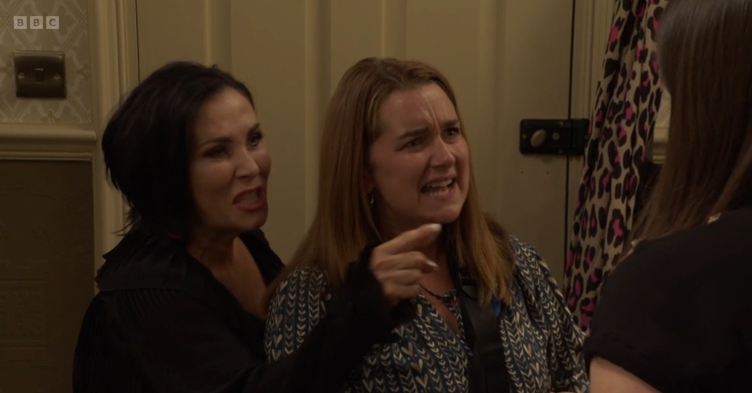Kat, Zoe and Vicki, mid-argument in EastEnders 
