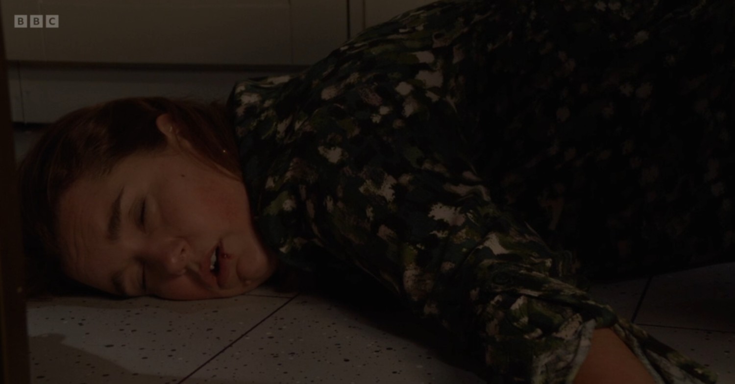 Vicki unconscious on the floor in EastEnders