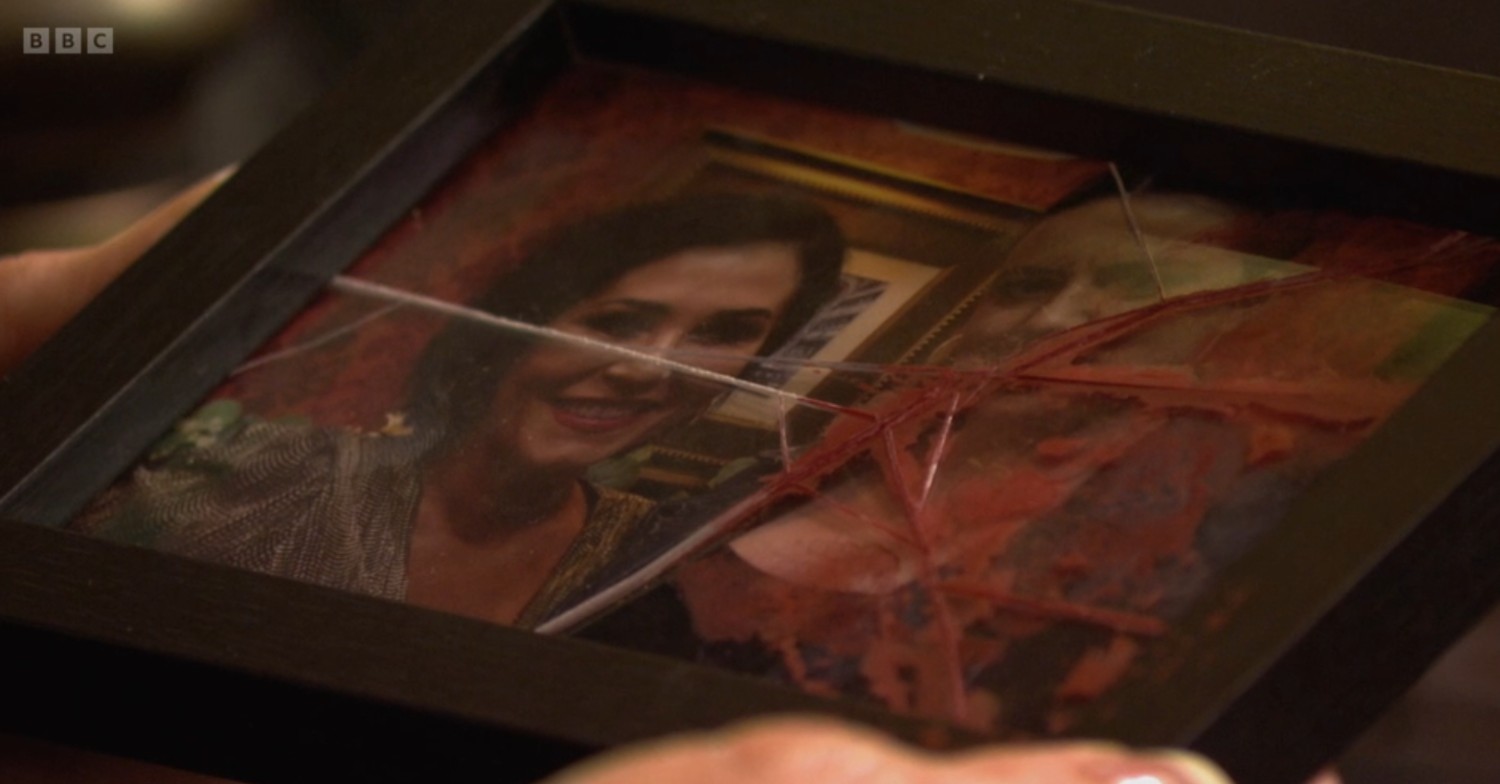 A smashed up picture of Kat and Zoe covered in fake blood