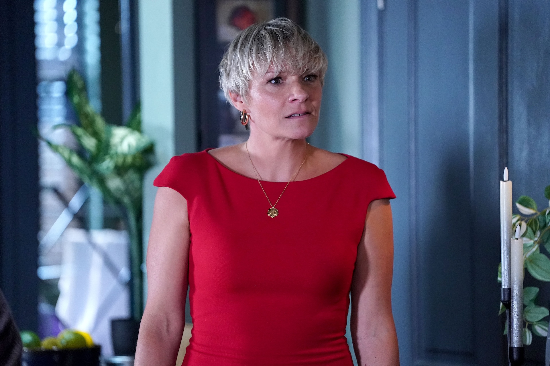 Nicola looks tense in EasrEnders