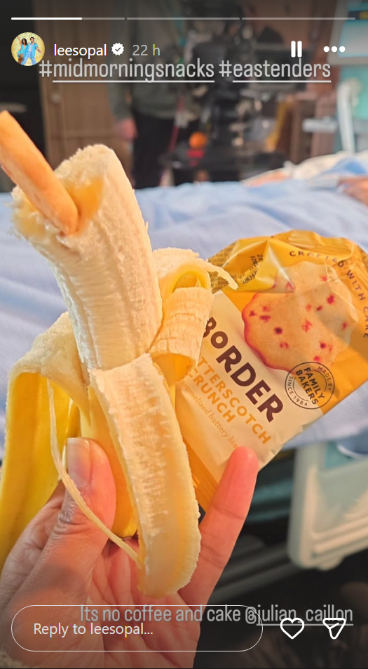 Balvinder Sopal's Instagram story, in which she eats a banana in front of a hospital bed