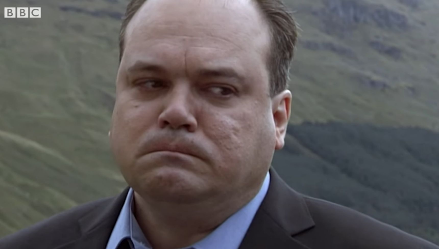 Barry looks upset as he stands in Scotland