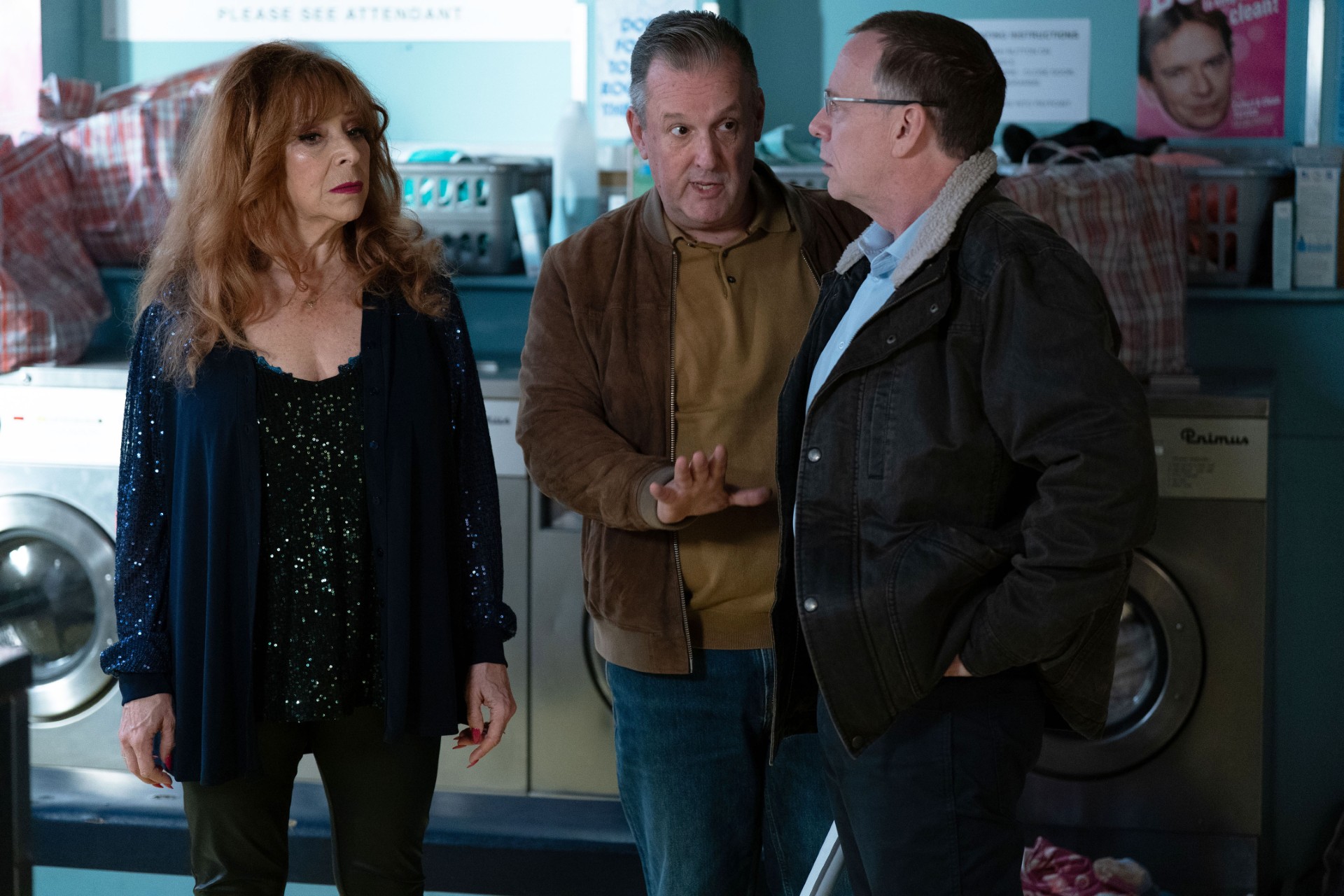 Harvey with Ian and Elaine in the launderette 