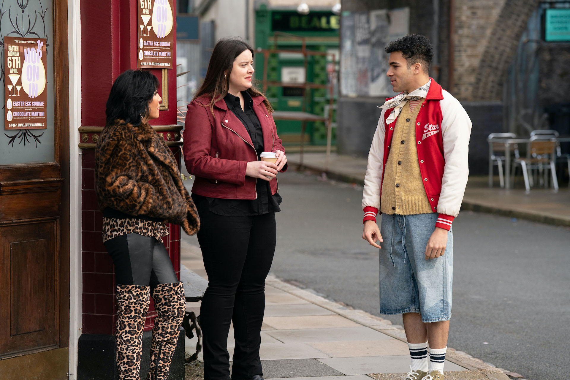Zoe and Kat talk to Josh outside the Vic