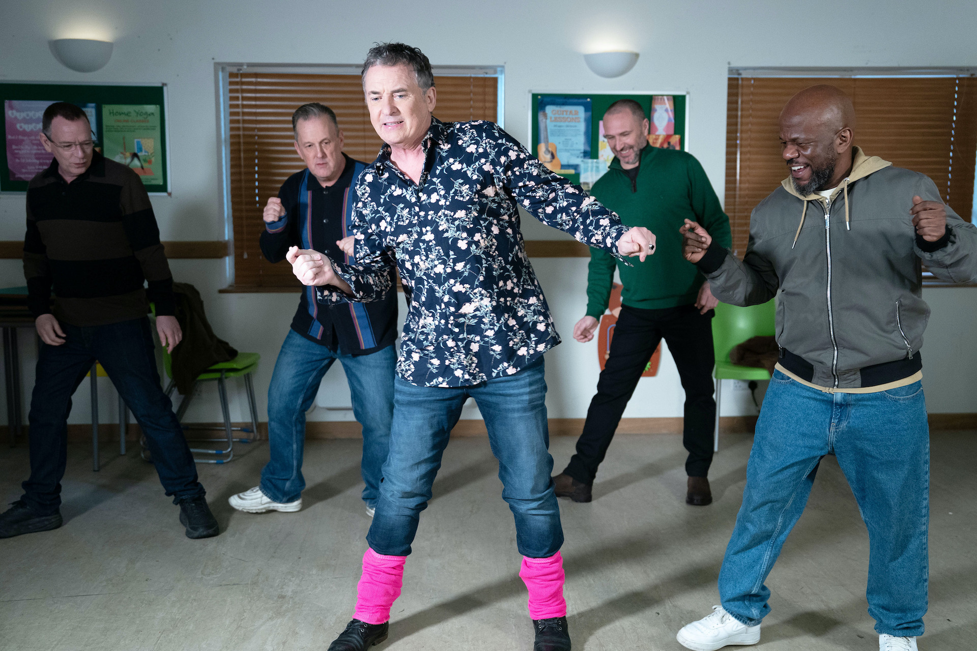 Alfie, Ross, Howie, Ian and Harvey learning a dance together in EastEnders spoilers 