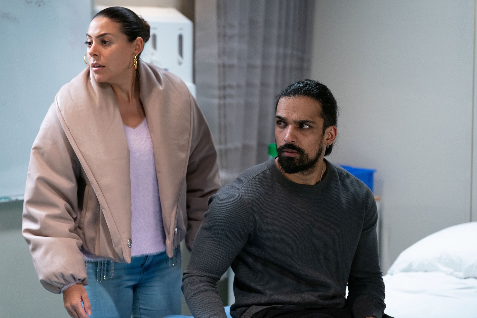 Ravi and Priya looking shocked at the hospital in EastEnders spoilers