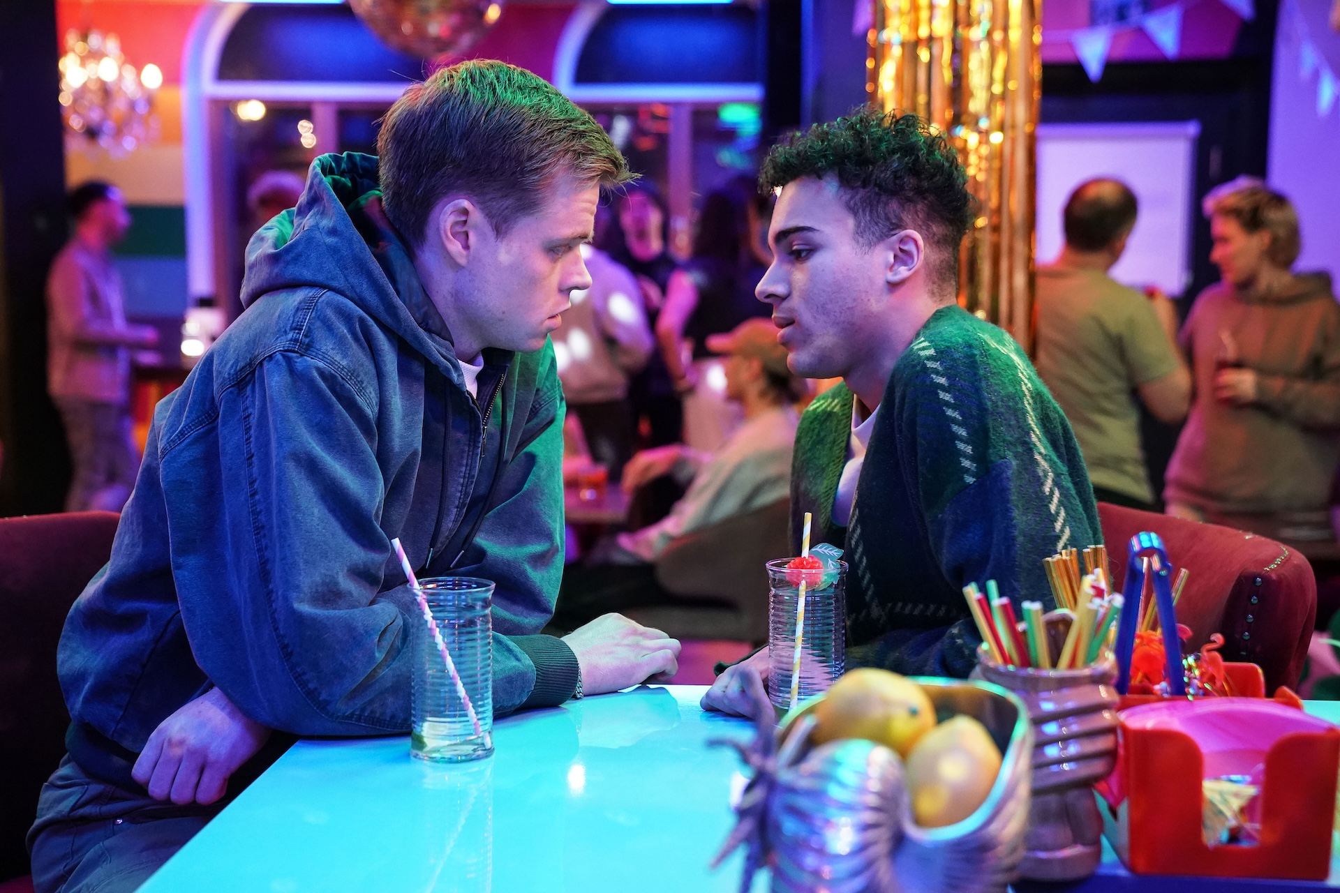 Josh and Oscar almost kissing in the Albert in EastEnders spoilers 