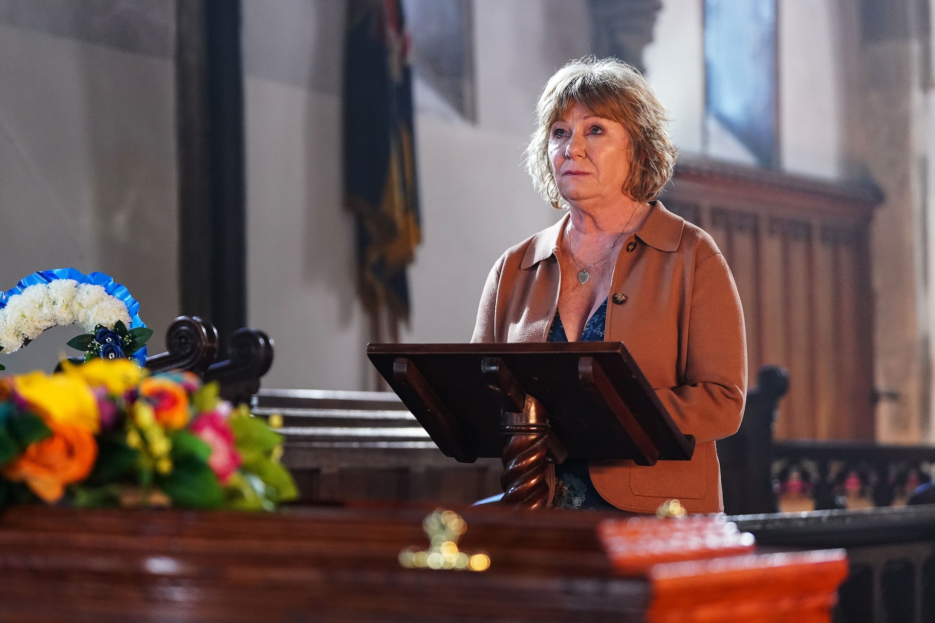 Julie giving her eulogy at Nigel's funeral 
