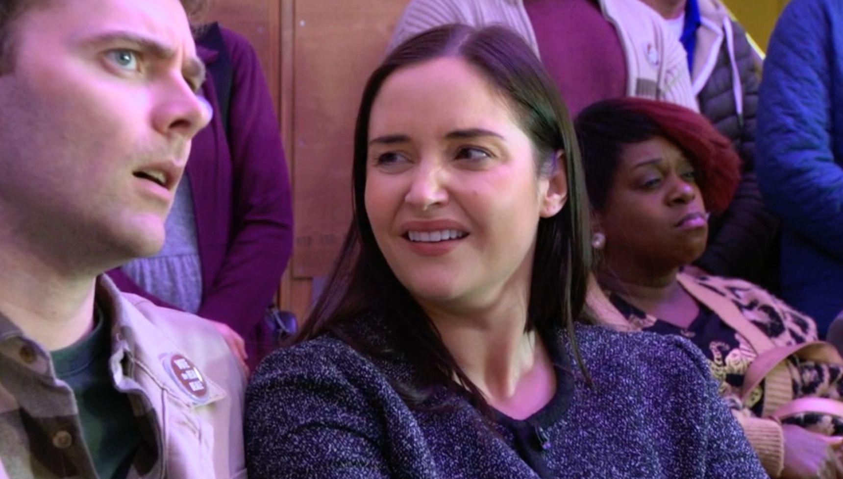 Lauren and Peter laughing at Ian on stage as he quotes neighbours in EastEnders 