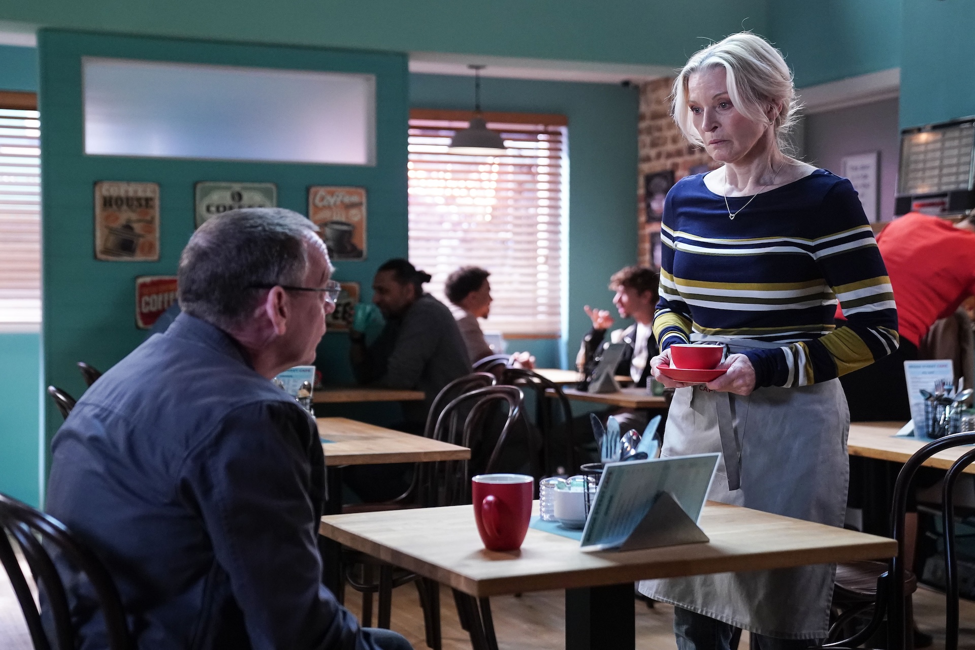 Ian and Kathy talking in the cafe in EastEnders spoilers