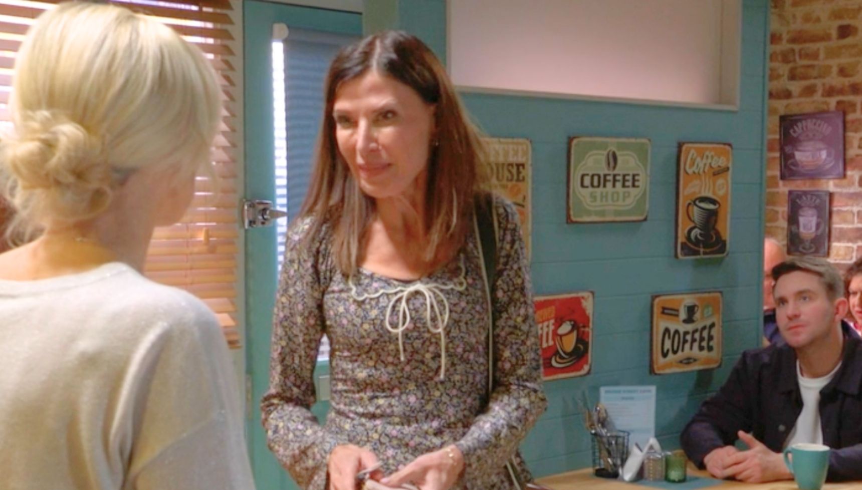 Bea in the cafe with Callum and Kathy in EastEnders