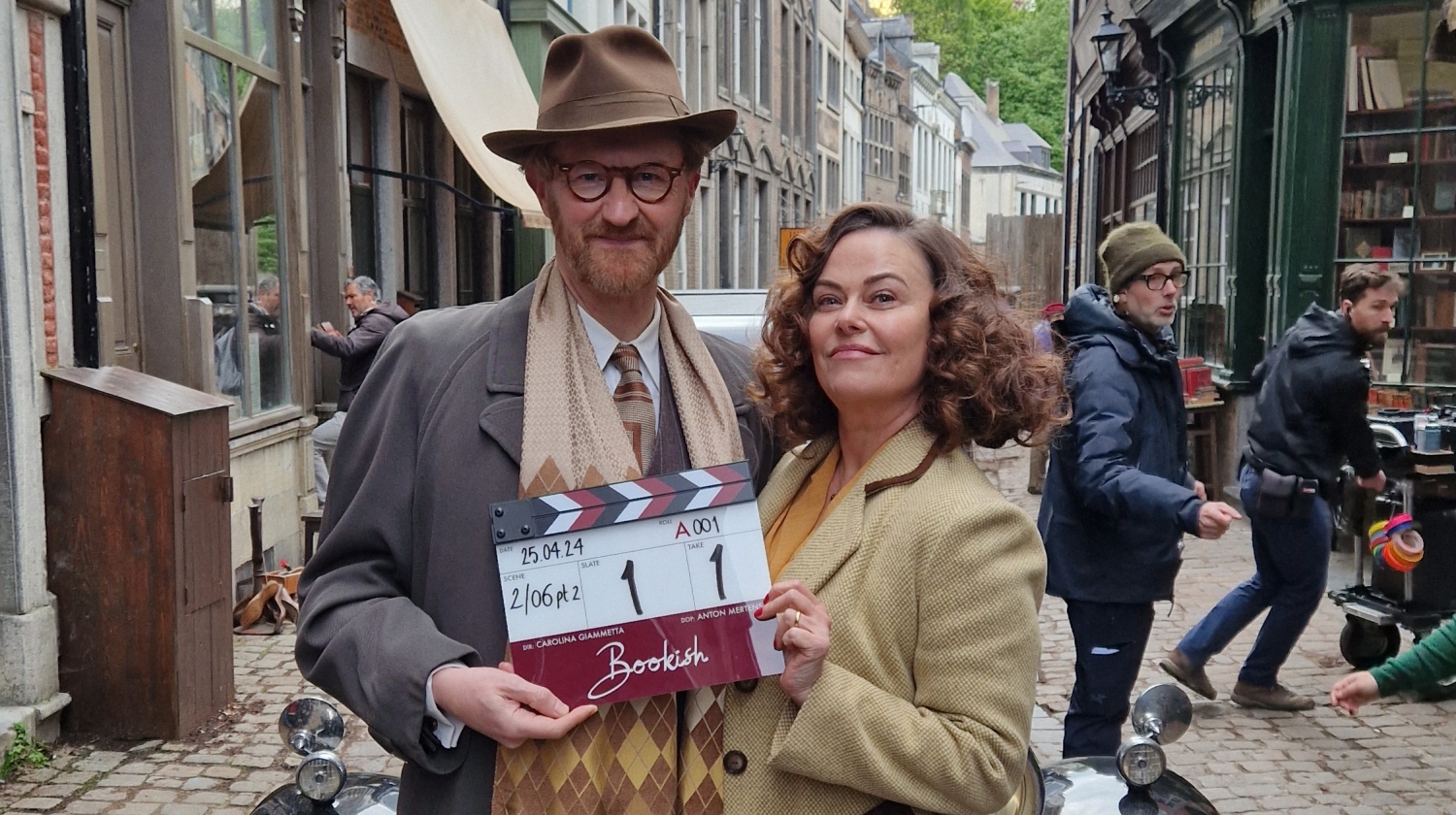 Mark Gatiss and Polly Walker on the set of Bookish series 1.