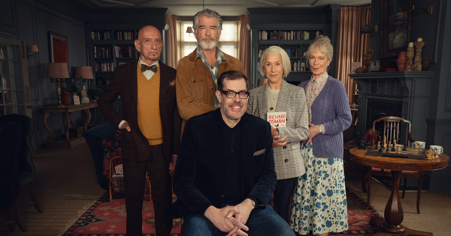 Richard Osman with the main cast of The Thursday Murder Club at the exquisite Coopers Chase retirement home set [Credit: Netflix]