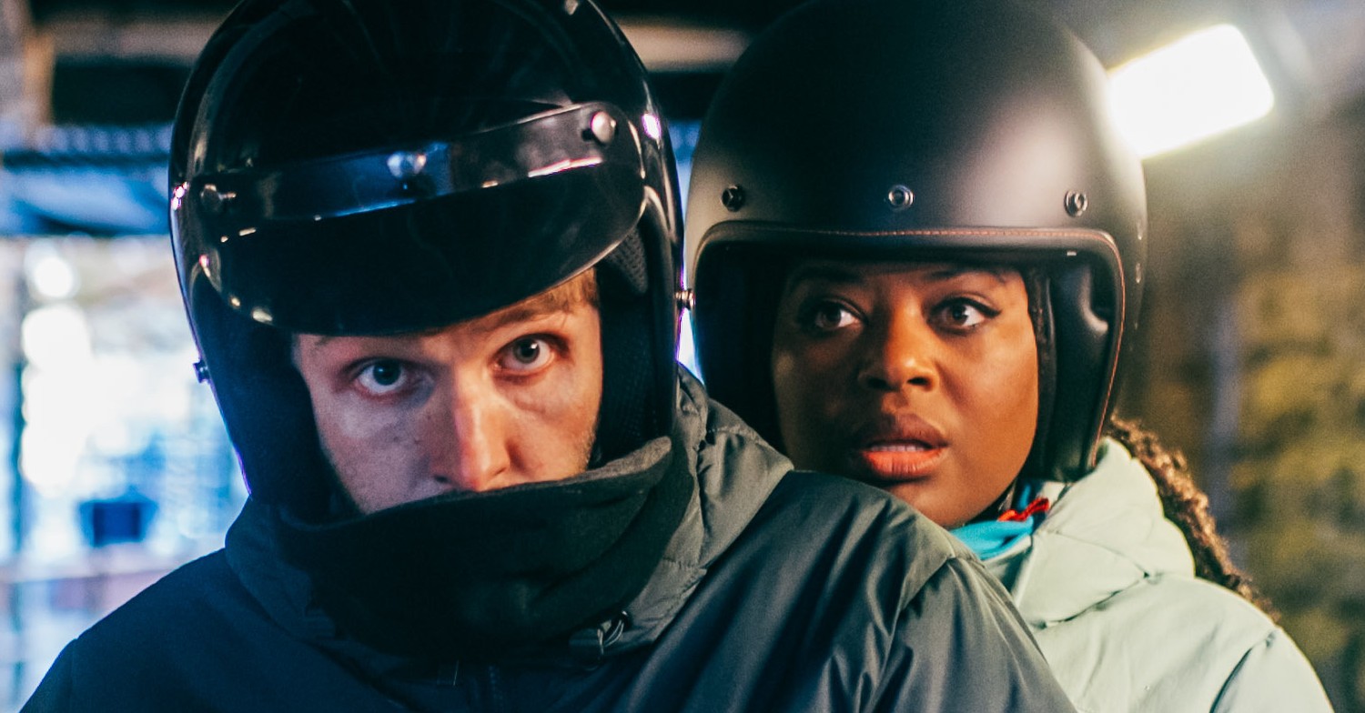 SION DANIEL YOUNG as lee and BETHAN MARY-JAMES as Sharla in The Guest