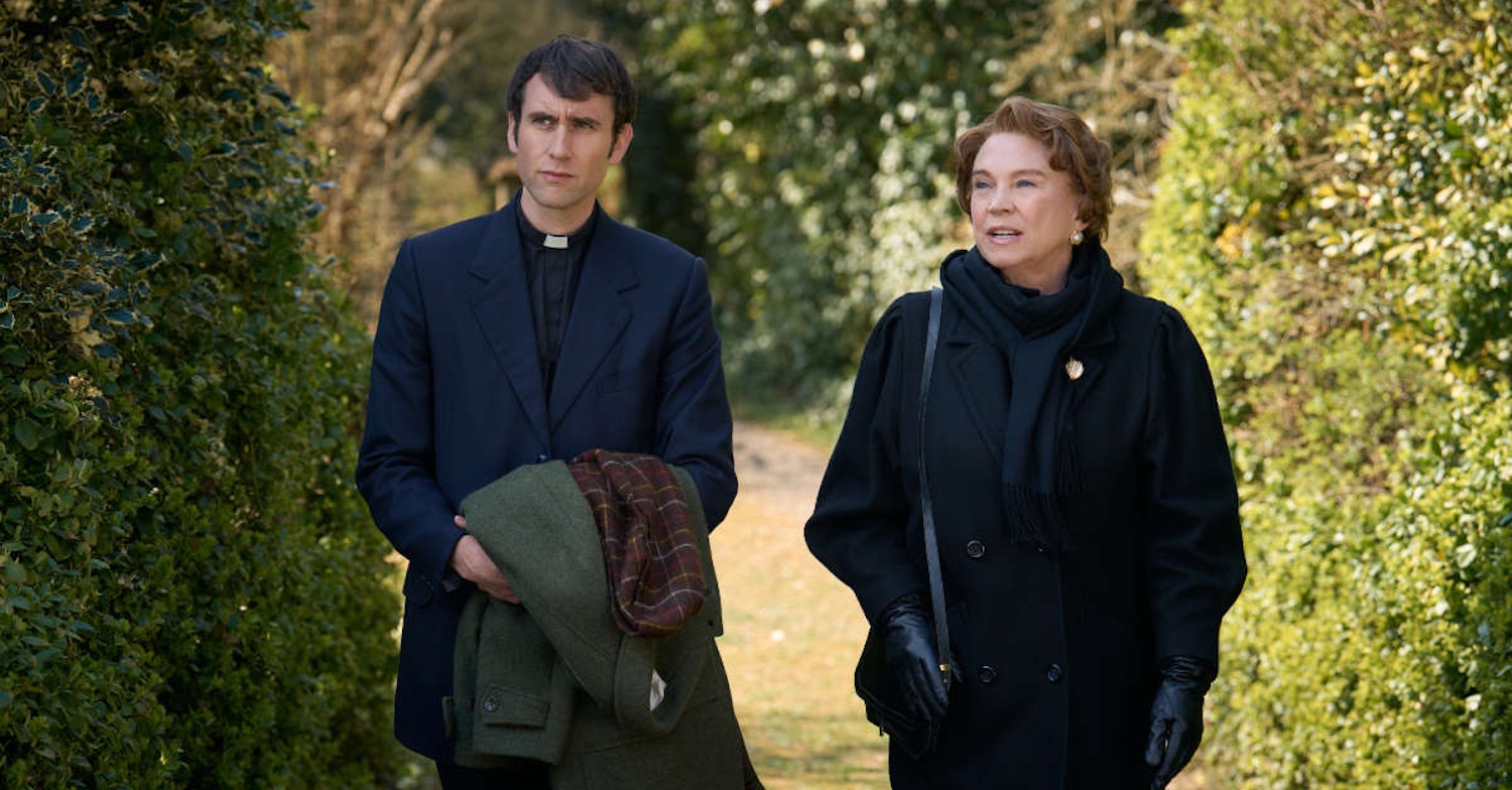 Canon Daniel Clement (Matthew Lewi) and his mother Audrey (Amanda Redman) in season one of Murder Before Evensong, based on the best-selling book by the Reverend Richard Coles