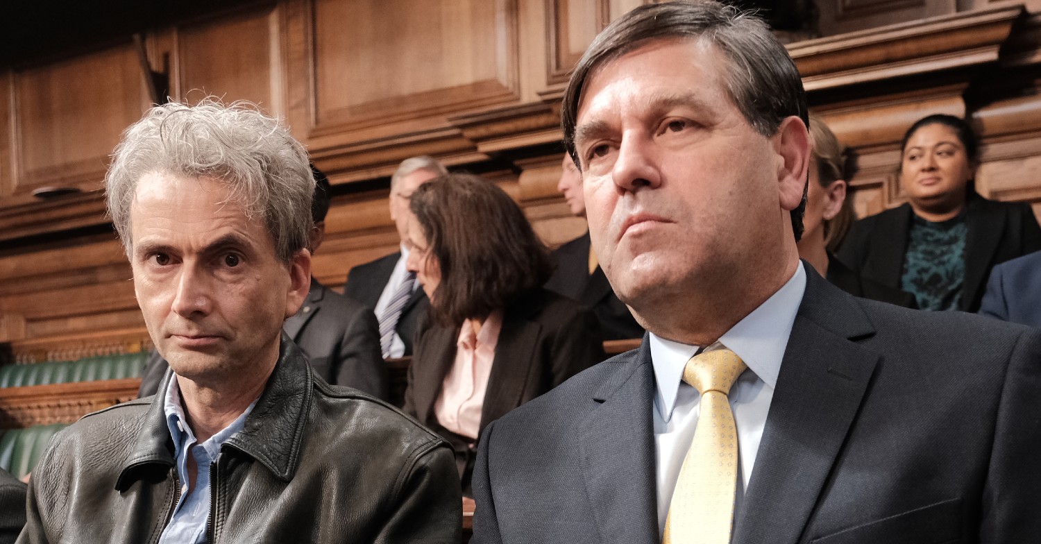 DAVID TENNANT as Nick Davies and PATRICK BALADI as John Whittingdale in The Hack