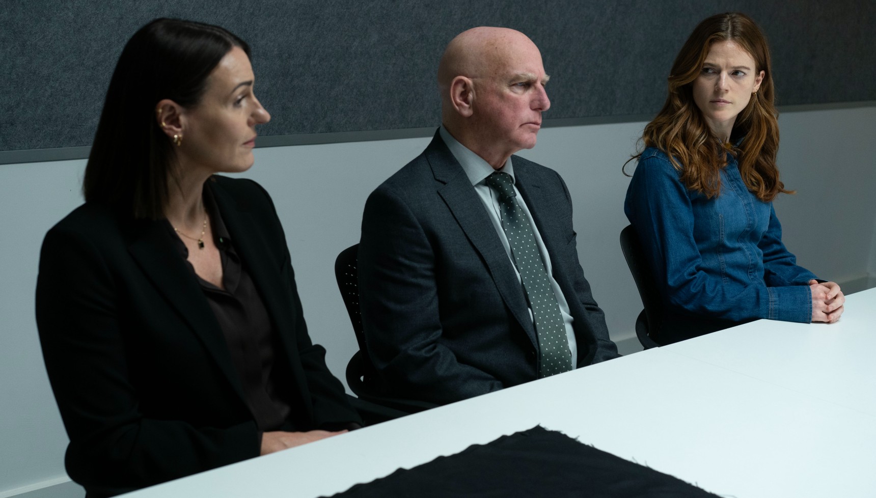 Suranne Jones (DCI Silva), Gary Lewis (DS Robertson) and Rose Leslie (DI Longacre) in Vigil series 3