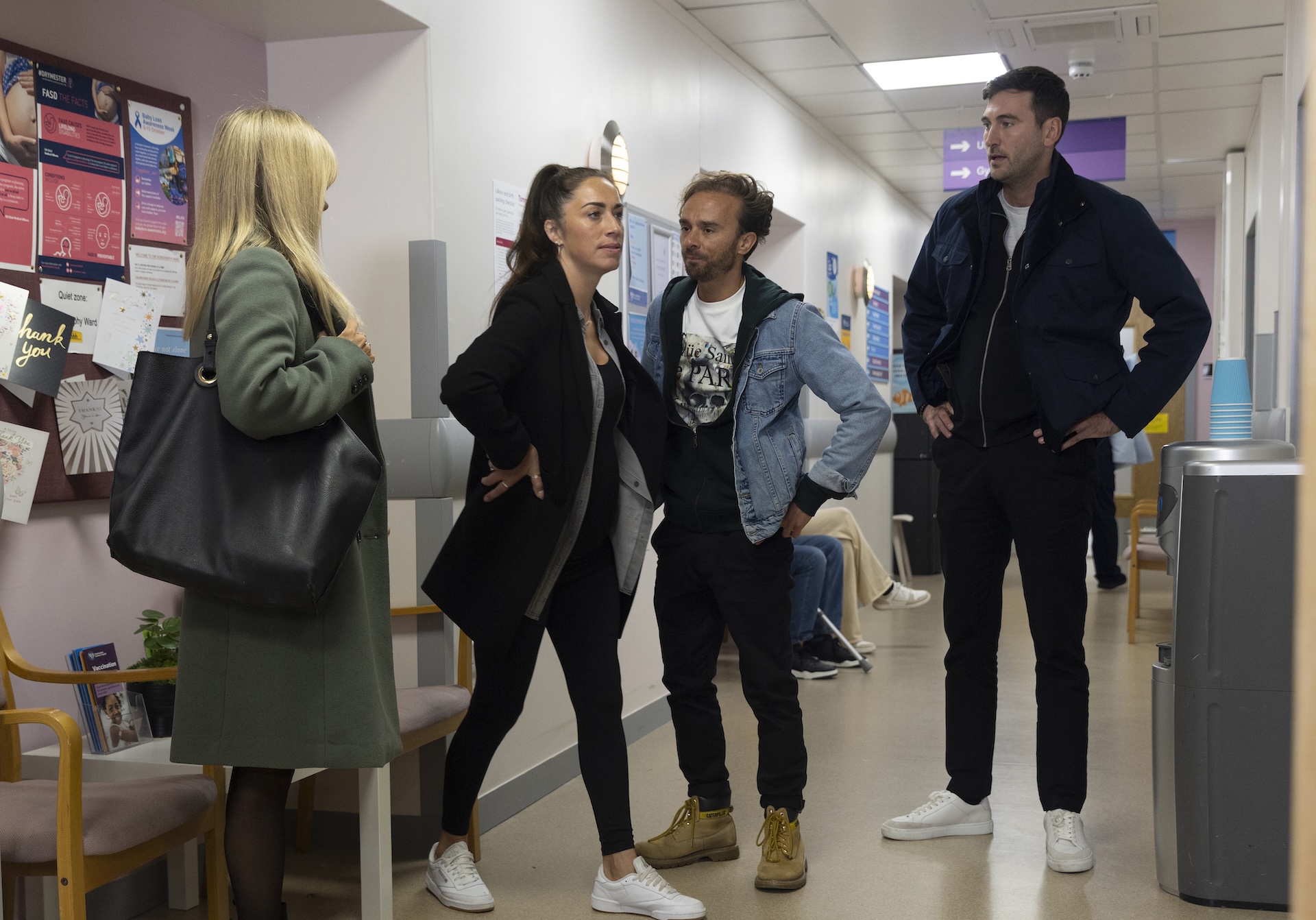Sarah, Shona, David and Kit at the hospital in Coronation Street