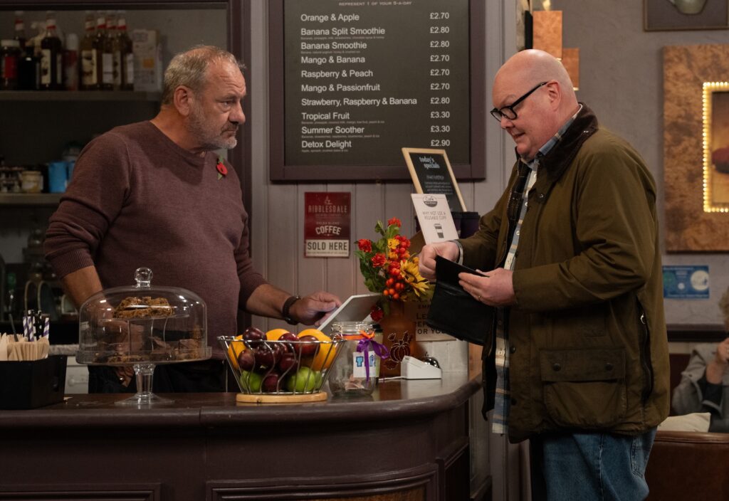 Paddy speaking to Jimmy in Emmerdale