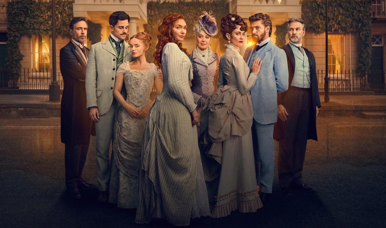 The Forsyte cast standing in a row in victorian clothing