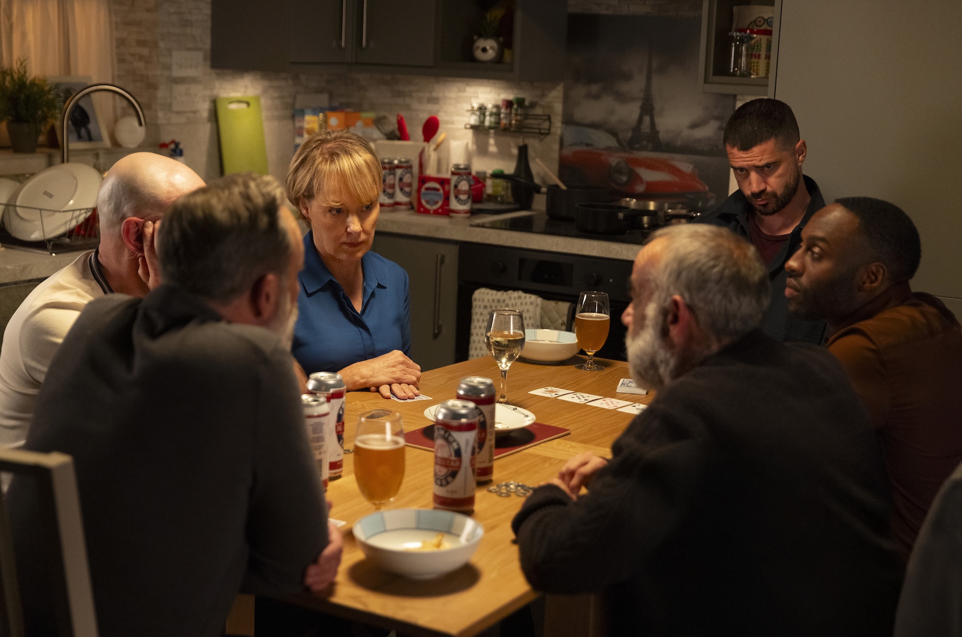 Sally, Kevin and friends at poker night in Coronation Street
