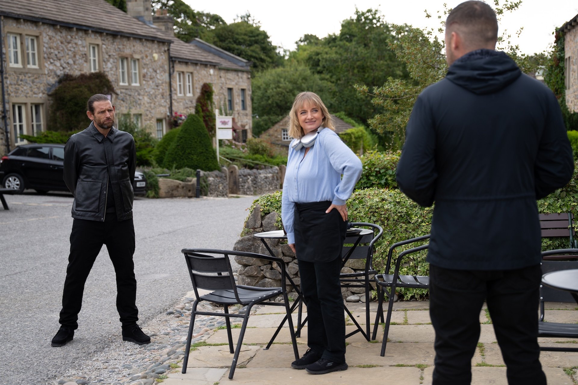 Kev meets Aaron outside the cafe with Nicola