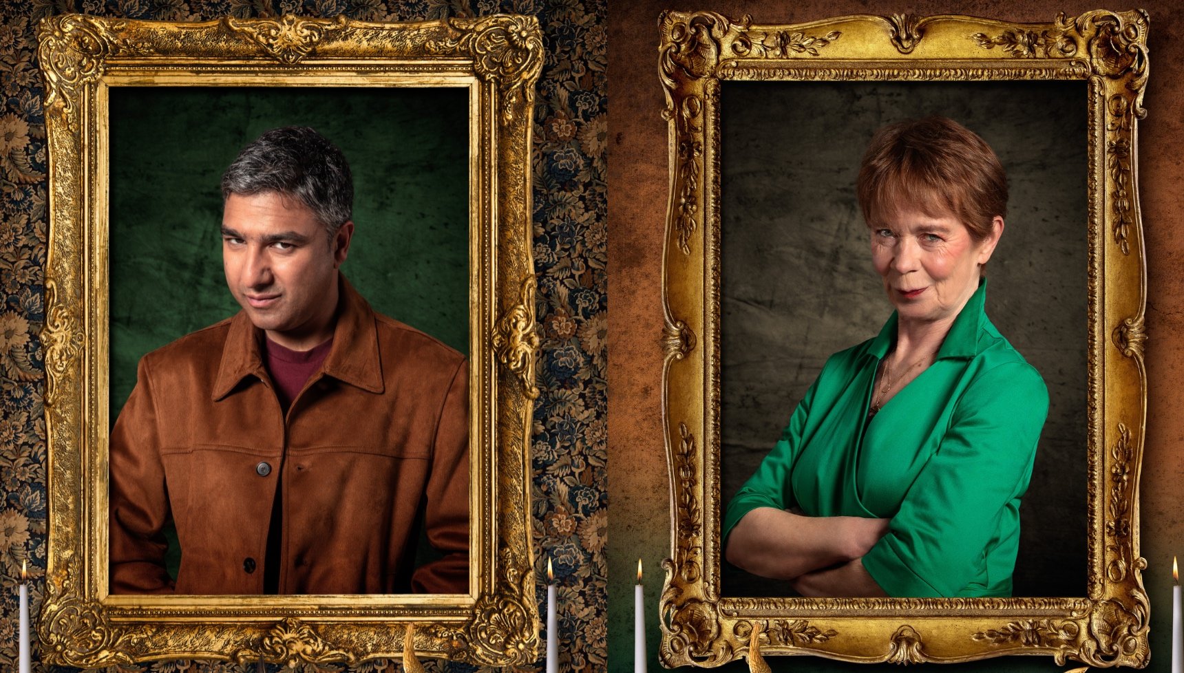 Nick Mohammed and Celia Imrie in separate photo frames in Celebrity Traitors