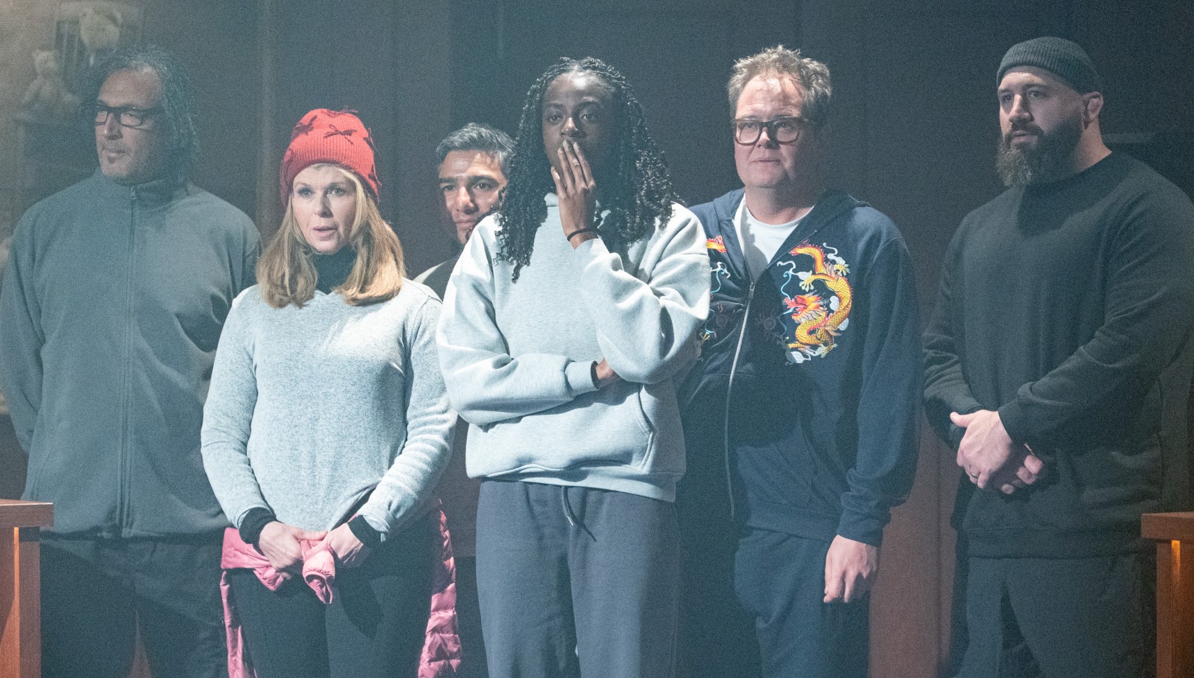 David, Kate, Nick, Cat, Alan and Joe taking part in a Celebrity Traitors challenge