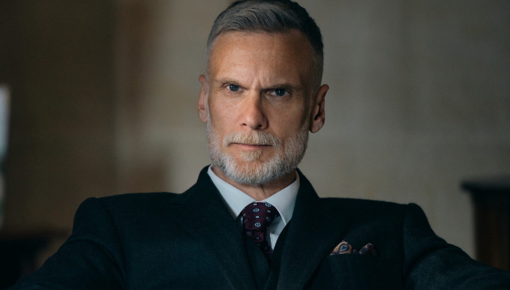 Darren Boyd's character suited up with an intense look on his face