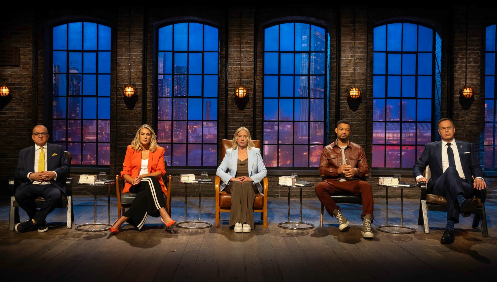 Touker Suleyman, Sara Davies, Deborah Meaden, Steven Bartlett and Peter Jones in the Dragons' Den