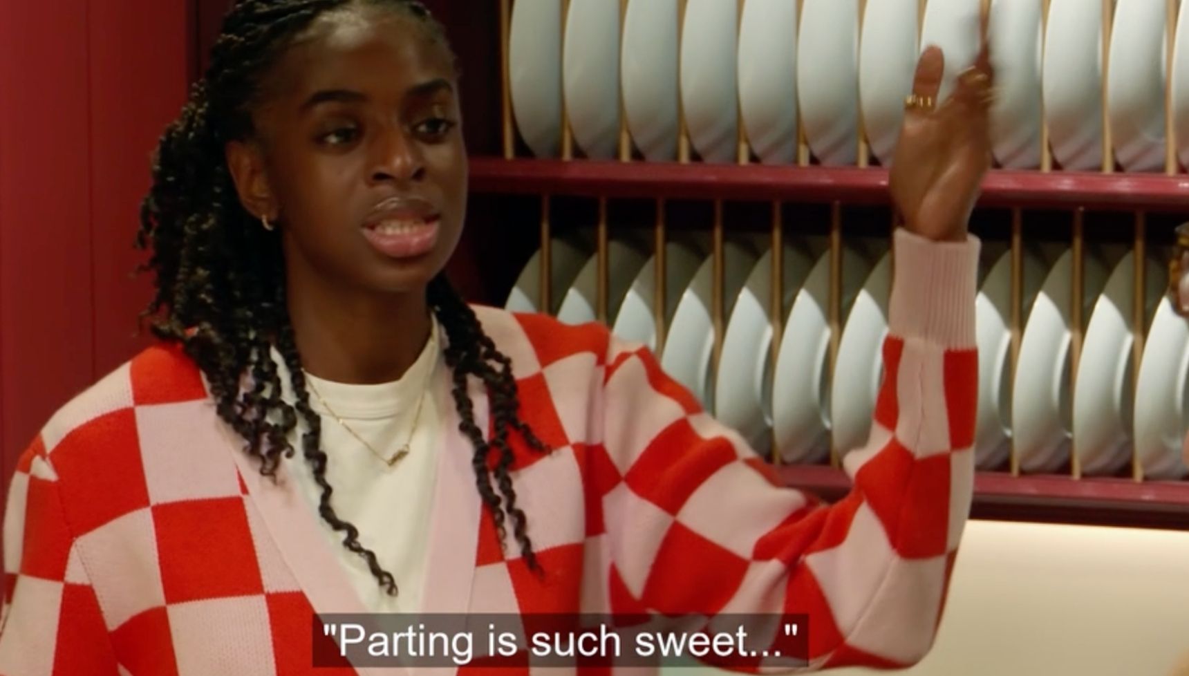 Cat Burns red checked cardigan