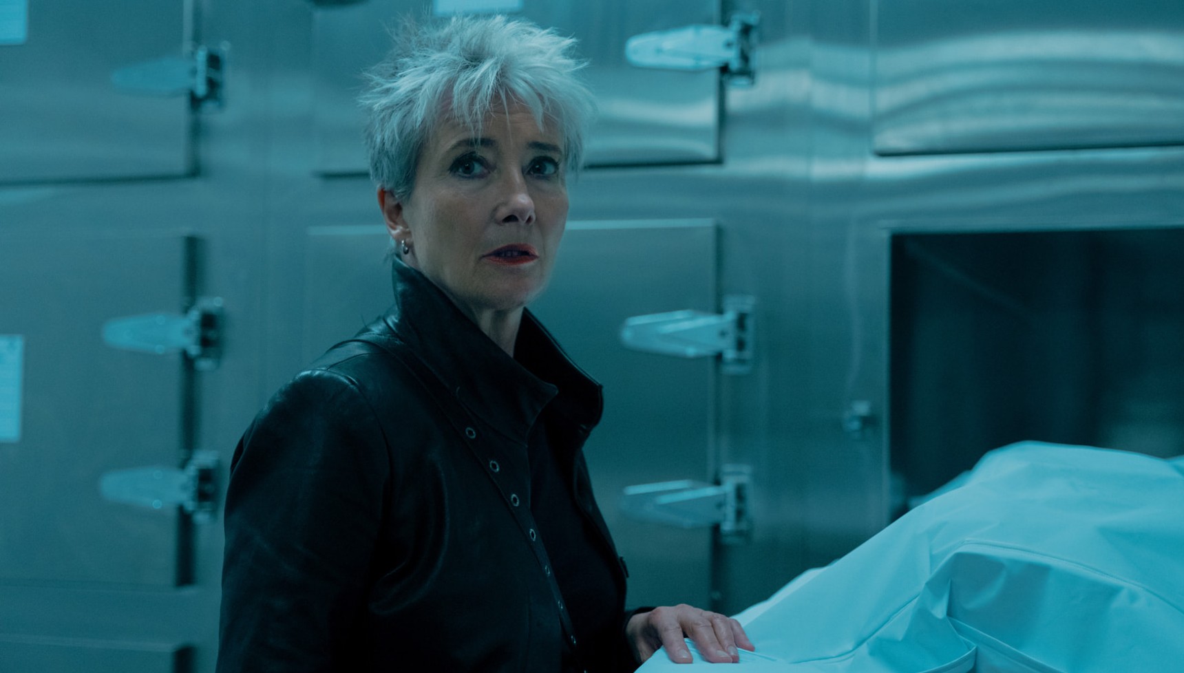 Emma Thompson's character investigating a dead body in the morgue